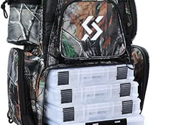Sougayilang Fishing Tackle Backpack Waterproof Tackle Bag Storage with 4 Trays Tackle Box and Protective Rain Cover for Camping Hiking – Camouflage