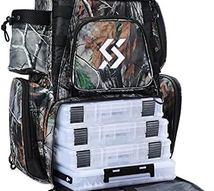 Sougayilang Fishing Tackle Backpack Waterproof Tackle Bag Storage with 4 Trays Tackle Box and Protective Rain Cover for Camping Hiking – Camouflage