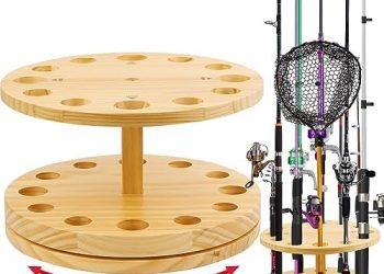 Fishing Rod Holders for Garage, Fishing Rod Organizer, Fishing Pole Stand,Fishing Rod Stand,360 Degree Rotating Vertical Fishing Pole Rack,Wooden Round Floor Stand Fishing Rod Rack Holds up to 12 Rods