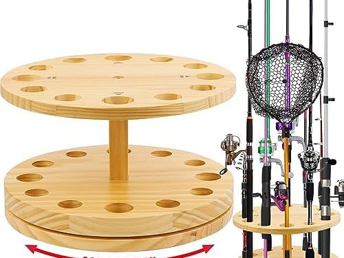 Fishing Rod Holders for Garage, Fishing Rod Organizer, Fishing Pole Stand,Fishing Rod Stand,360 Degree Rotating Vertical Fishing Pole Rack,Wooden Round Floor Stand Fishing Rod Rack Holds up to 12 Rods