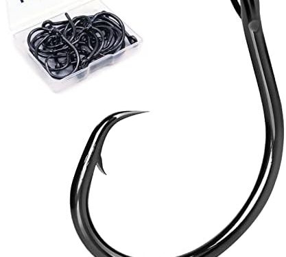 FishTrip Circle Hooks Saltwater,in-Line Fishing Hooks 3X Strong for Catfish 25pcs,Black/High Carbon Steel/Non-Offset/Closed Eye/Wide Gap for Striped Bass Salmon
