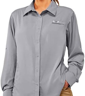 TGF Women’s Sun Protection Fishing Shirts Long Sleeve Button Up Shirt with Zipper Pockets for Traveling Hiking Camping