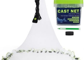 MoiShow Cast Net Fishing Casting Net – Cast Nets for Fishing – 3/8″ Mesh Fishing Net for Freshwater and Saltwater Bait Fish 4ft/6ft/8ft/9ft Radius Size with Double Line & Utility Bucket