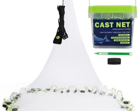 MoiShow Cast Net Fishing Casting Net – Cast Nets for Fishing – 3/8″ Mesh Fishing Net for Freshwater and Saltwater Bait Fish 4ft/6ft/8ft/9ft Radius Size with Double Line & Utility Bucket