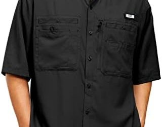 TGF Men’s Outdoor Fishing Shirts Short Sleeve UV Sun Protection Casual Button Down Shirt with Zipper Pockets for Hiking
