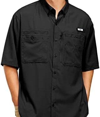 TGF Men’s Outdoor Fishing Shirts Short Sleeve UV Sun Protection Casual Button Down Shirt with Zipper Pockets for Hiking