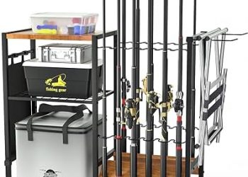 Vdamu Fishing Rod and equipment Holders – Fishing Gear Fishing Equipment Organizers, Fishing Pole Holders with Casters Up to 12 Fishing Rods, for Garage Home