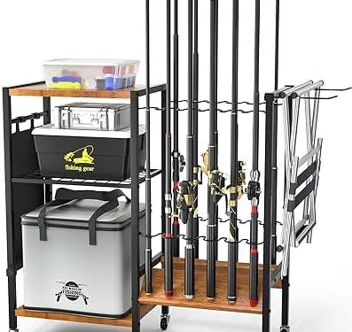Vdamu Fishing Rod and equipment Holders – Fishing Gear Fishing Equipment Organizers, Fishing Pole Holders with Casters Up to 12 Fishing Rods, for Garage Home