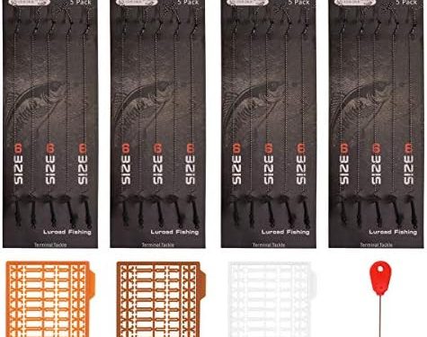 Luroad Carp Fishing Hair Rigs, 20 Pcs Curved Barbed Carp Hook Anti-Tangle Swivel Braided Thread line with 3 Card Boilie Bait Stops Dumbell Stoppers and Stringer Needle