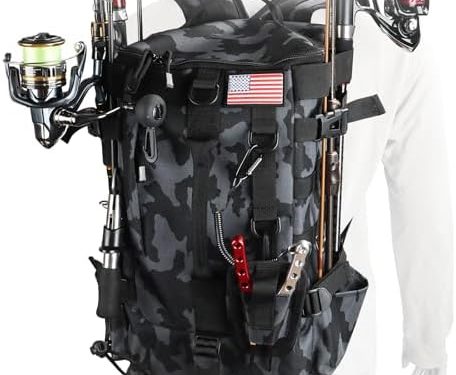 MoiShow Fishing Backpack Tackle Bag, Fishing Backpack with Rod Holders Large Storage Fishing Tackle Box Backpack, Fishing Rod Bag for Carrying Fishing Gear and Equipment, Fishing Gifts for Men