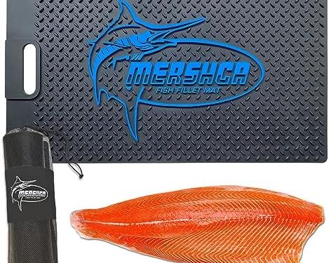 Mershca Fish Fillet Mat with Storage Bag, Portable Fish Cleaning & Cutting Board Grips Fish for Easy Filleting, Fish Mat for Scaling Fish, 14″x24″