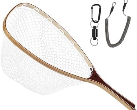 Kylebooker Fly Fishing Landing Net Wooden Frame Trout Fishing Net Soft Rubber Mesh for Catch and Release