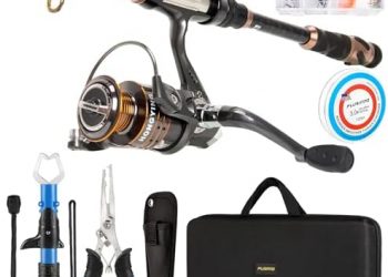 PLUSINNO Fishing Rod and Reel Combos – Carbon Fiber Telescopic Fishing Pole – Spinning Reel 12 +1 Shielded Bearings Stainless Steel BB