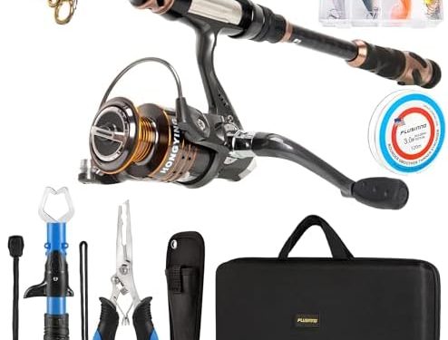 PLUSINNO Fishing Rod and Reel Combos – Carbon Fiber Telescopic Fishing Pole – Spinning Reel 12 +1 Shielded Bearings Stainless Steel BB