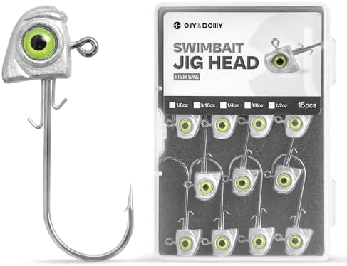OJY&DOIIIY Swimbait Jig Heads with Chartreuse Fish Eye, 1/8 3/16 1/4 3/8 1/2oz Jigheads for Freshwater&Saltwater Fishing 15-Pack