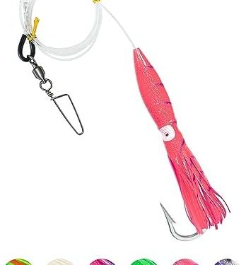BLUEWING Fishing Spreader Bar Main Line Replacement Parts with 6in/9in Bulb Squids, 300lb Mono Nylon Line and Large Snap Swivel for Wahoo Tuna Marlin Mahi Mahi Fishing