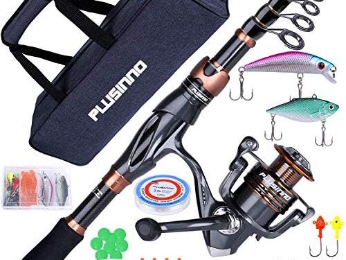 PLUSINNO Fishing Rod and Reel Combos, Bronze Warrior Toray 24-Ton Carbon Matrix Telescopic Fishing Rod Pole, 12 +1 Shielded Bearings Stainless Steel BB Spinning Reel, Travel Freshwater Fishing Gear