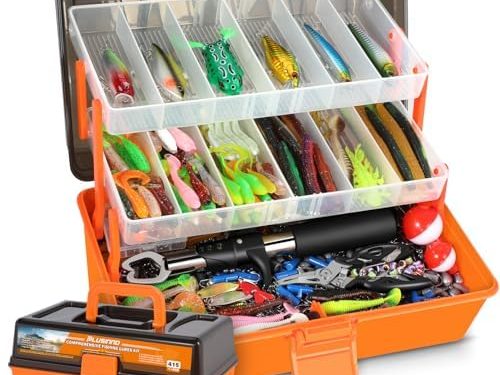 PLUSINNO Large 3 Layers Tackle Box with Tackle Included, 415Pcs Fishing Lures Kit Contains Pliers, Crankbait, Hooks, Weights & Accessories, Comprehensive Bait Lure Gear Gifts for Men Bass Freshwater