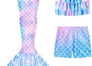 Girls Mermaid Bathing Suit 3PCS Cute Ruffle Tankini Swimsuits with Boyshort Fish Tail Kids Beach Swimwear