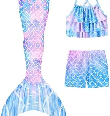 Girls Mermaid Bathing Suit 3PCS Cute Ruffle Tankini Swimsuits with Boyshort Fish Tail Kids Beach Swimwear