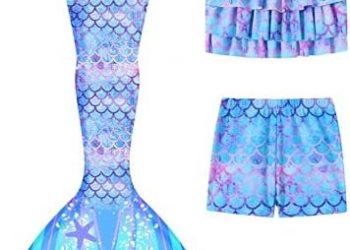 Girls Tankini Swimsuit 3 Piece Mermaid Bathing Suit Kids Ruffle Top with Shorts Fish Tail Set Swimwear