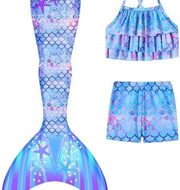Girls Tankini Swimsuit 3 Piece Mermaid Bathing Suit Kids Ruffle Top with Shorts Fish Tail Set Swimwear