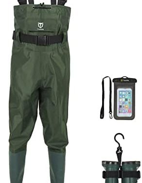 TIDEWE Bootfoot Chest Wader, 2-Ply Nylon/PVC Waterproof Fishing Hunting Waders with Boot Hanger for Men Women Green Brown