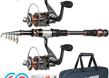 PLUSINNO Fishing Rod and Reel Combo with Telescopic Fishing Pole, Portable Travel Fishing Rods Kit with Tackle Box Carrier Bag & Manuals, Fishing Gear Tool Kit for Freshwater, Fishing Gifts for Men